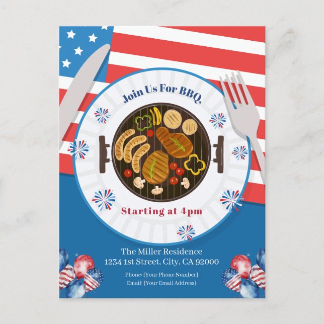 4th Of July BBQ Invitation, Party In USA Invite (Front)