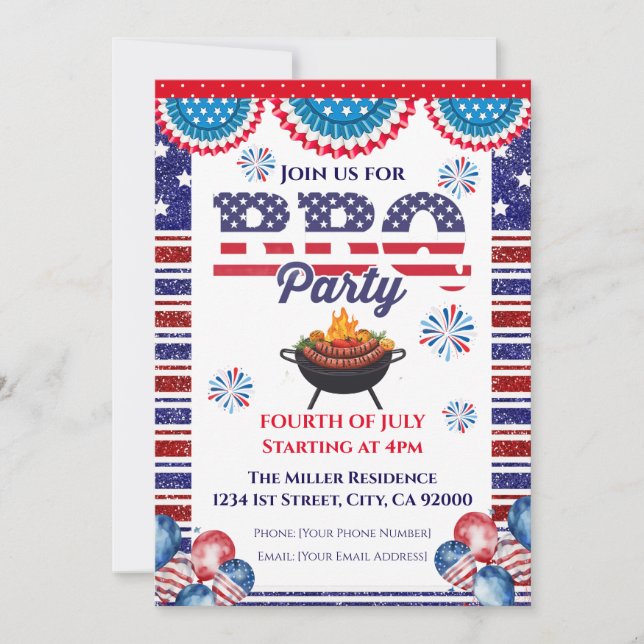 4th Of July BBQ Invitation, Party In USA Invite (Front)