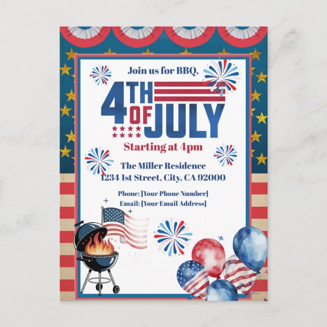 4th Of July BBQ Invitation, Party In USA Invite (Front)