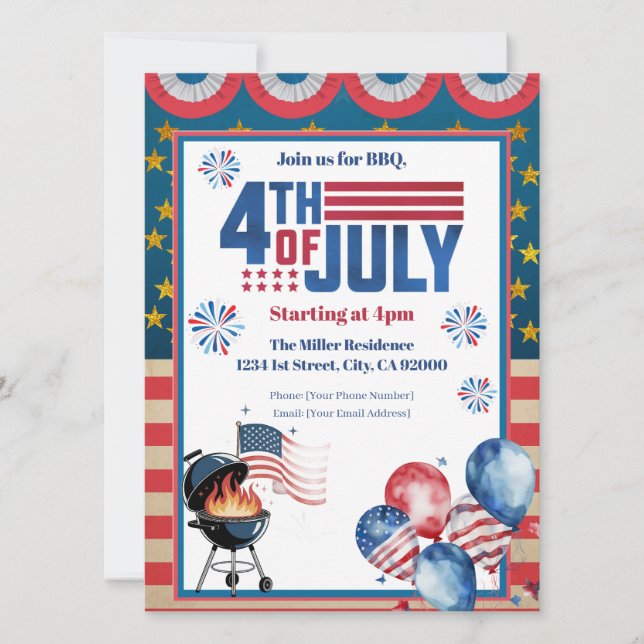 4th Of July BBQ Invitation, Party In USA Invite (Front)
