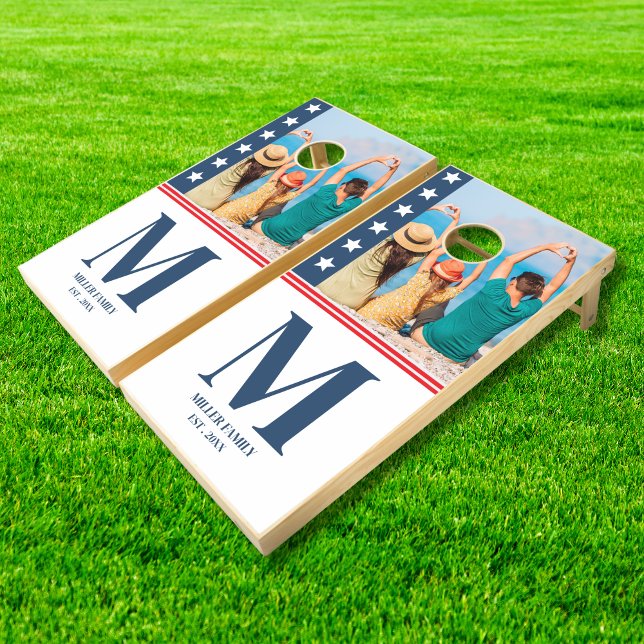 4th of July BBQ Party Custom Photo, Monogram Name Cornhole Set (Creator Uploaded)