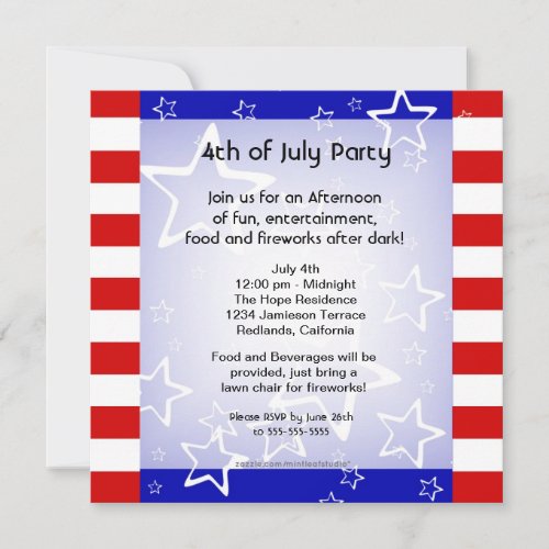 4th of July Bbq / Party Invitation Red White Blue