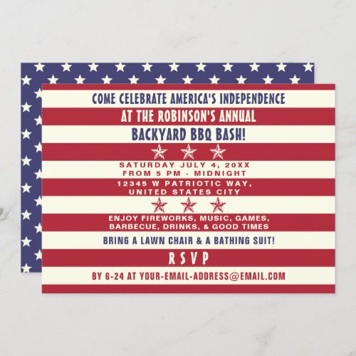 4th of July BBQ Party Patriotic Stars Stripes Flag Invitation - Throw a fun BBQ bash for the Fourth of July, Memorial Day, Labor Day or any other patriotic occasion with these flag-themed party invitations. The design has a United States flag pattern with red and off-white stripes on the front and stars on a field of dark blue on the back. The front also includes antique star embellishments. Use the templates to easily personalize the text. You can also "customize" to make more changes. These bold invites are perfect for Independence Day or any day you want to celebrate the USA.