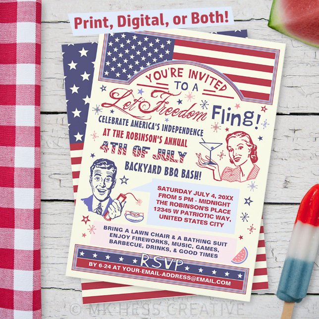 4th of July BBQ Party | Retro Freedom Fling Humor Invitation (Creator Uploaded)