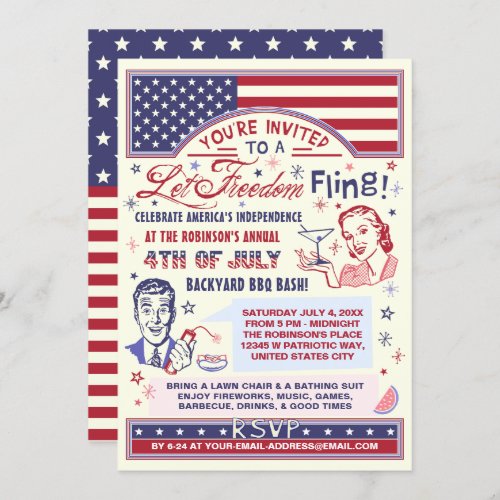 4th of July BBQ Party | Retro Freedom Fling Humor Invitation - Throw a cool retro 4th of July party with these super keen vintage-looking invitations! They have a red, blue and off-white / light yellow color scheme. The text says, "You're Invited to a Let Freedom Fling!" The 1950s lady and gentleman are holding a drink glass and a firework. There are also plenty of stars, stripes, a hot dog and a watermelon slice. You'll transport your guests back to a time when parties were swell with these mid-century modern Independence Day invites. Your party will be anything but squaresville! Use the easy templates to customize these humorous invites. "Customize" if you need to adjust text size.