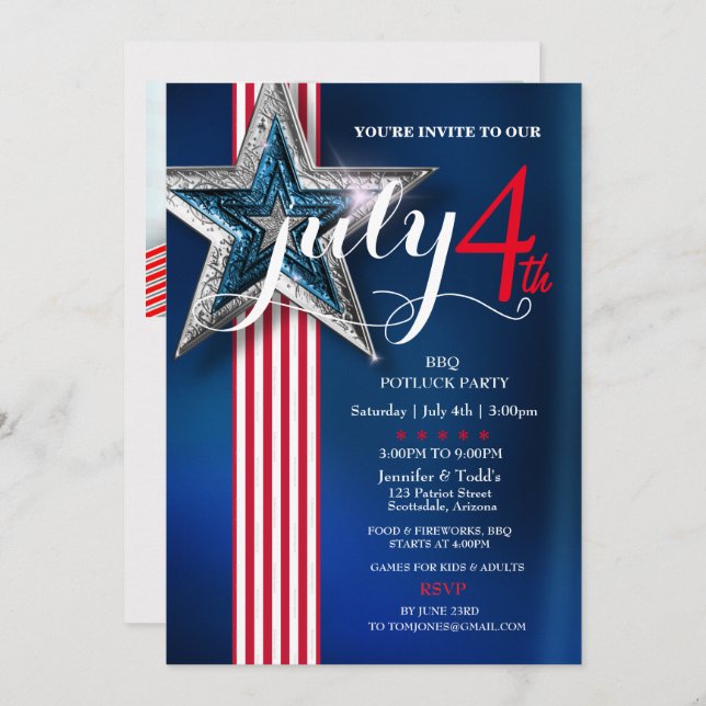 4th of July BBQ Potluck Party   Invitation (Front/Back)