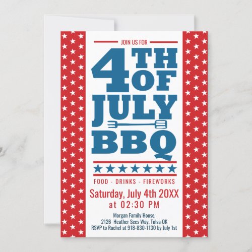 4th of July BBQ Red Blue White Stars Party Invitation