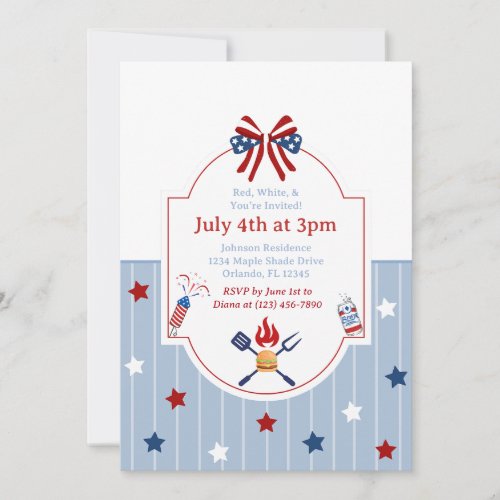 4th of July BBQ Red White Blue Stripes Patriotic Invitation