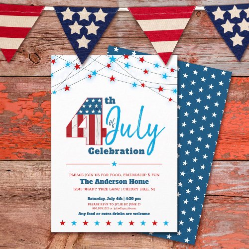 4th of July BBQ Stars Stripes Red White Blue Flag Invitation