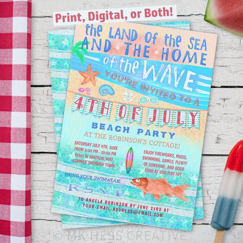 4th of July Beach or Pool Party  Summer Swimming Invitation