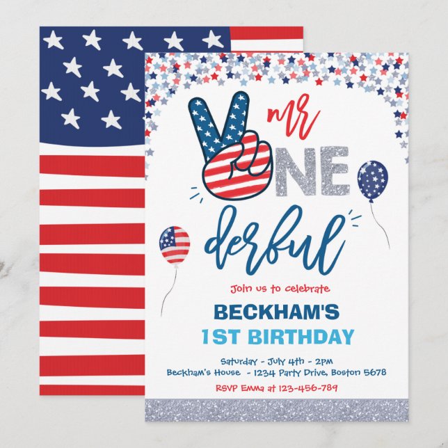 4th Of July Birthday Mr One-derful 1st Birthday  Invitation (Front/Back)