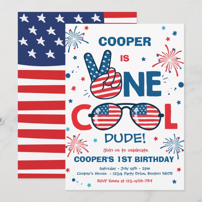 4th Of July Birthday One Cool Dude 1st Birthday  Invitation (Front/Back)