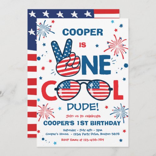 4th Of July Birthday One Cool Dude 1st Birthday  Invitation