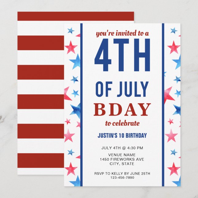 4th of July Birthday Party Patriotic Stars America Invitation (Front/Back)