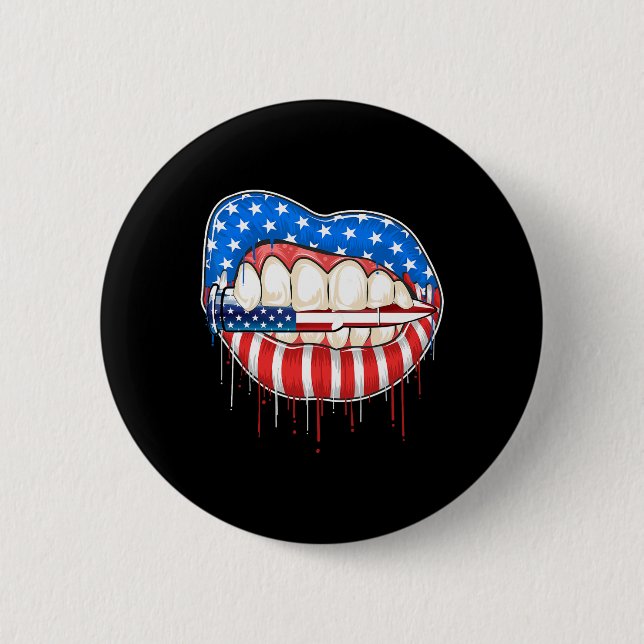 4th Of July Bite The Bullet Lips American Flag  Button (Front)