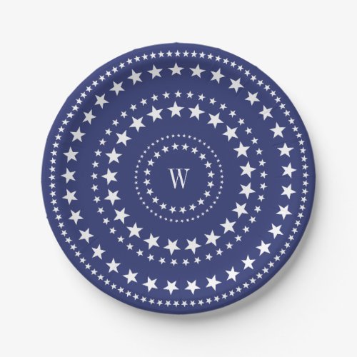 4th Of July Blue Stars Monogram Party Paper Plates