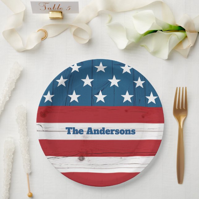 4th of July Bold Stars Stripes Flag Rustic Wood Paper Plates (Wedding)