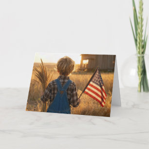 4th of July Boy with American Flag and Wheat Card