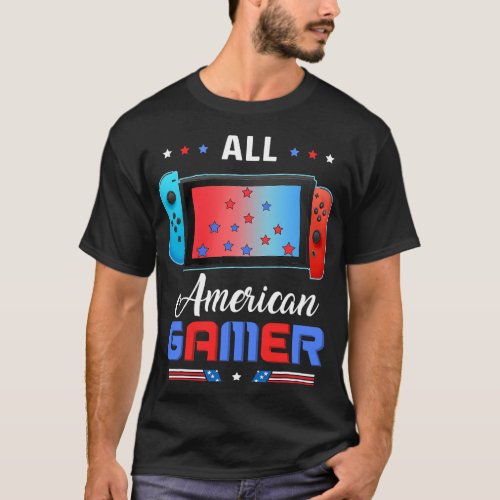 4th Of July boys kids men All American Gamer Flag  T_Shirt
