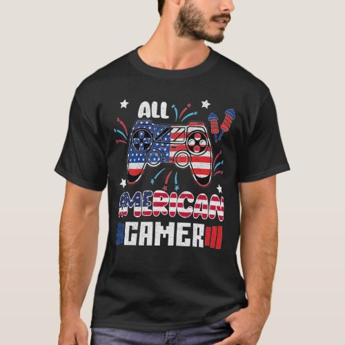 4th Of July boys kids men All American Gamer Flag  T_Shirt