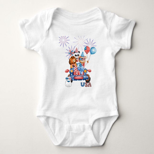 4Th of July Car Panda Bear & Lion  Baby Bodysuit (Front)