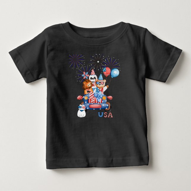 4Th of July Car Panda Bear & Lion  Baby T-Shirt (Front)