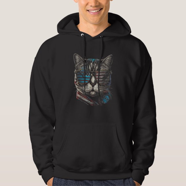 4th Of July Cat American Flag America Patriotic Fu Hoodie (Front)