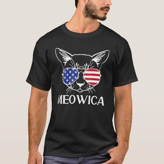 4th of July Cat American Flag Sunglasses USA Meowi T-Shirt (Front)