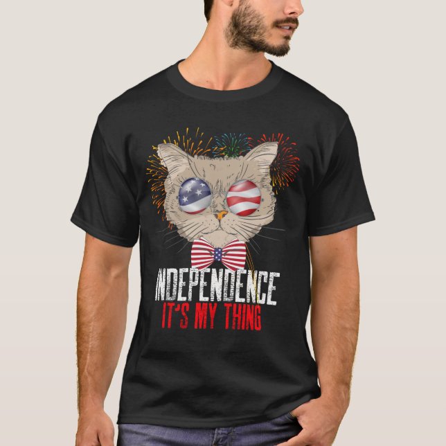 4th of July Cat and Funny Independence Day T-Shirt (Front)