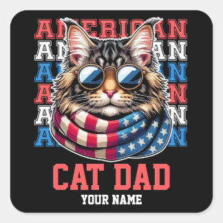 4th of July Cat in Glasses Cat Dad Personalized Square Sticker