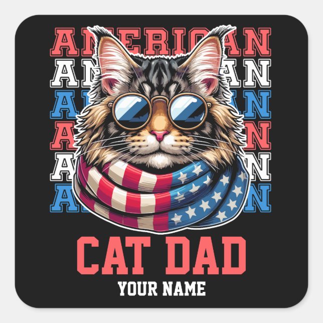 4th of July Cat in Glasses Cat Dad Personalized Square Sticker (Front)