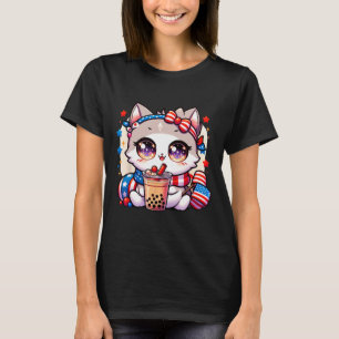 4th Of July Cat Shirt Girls Kawaii Anime Boba Tea 