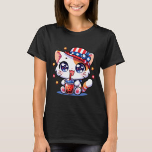 4th Of July Cat Shirt Girls Kids Kawaii Anime Boba
