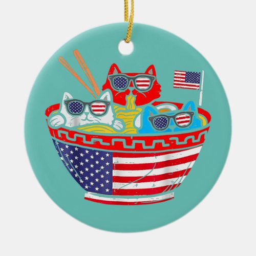 4th Of July Cats Eat Ramen Anime American Flag Ceramic Ornament