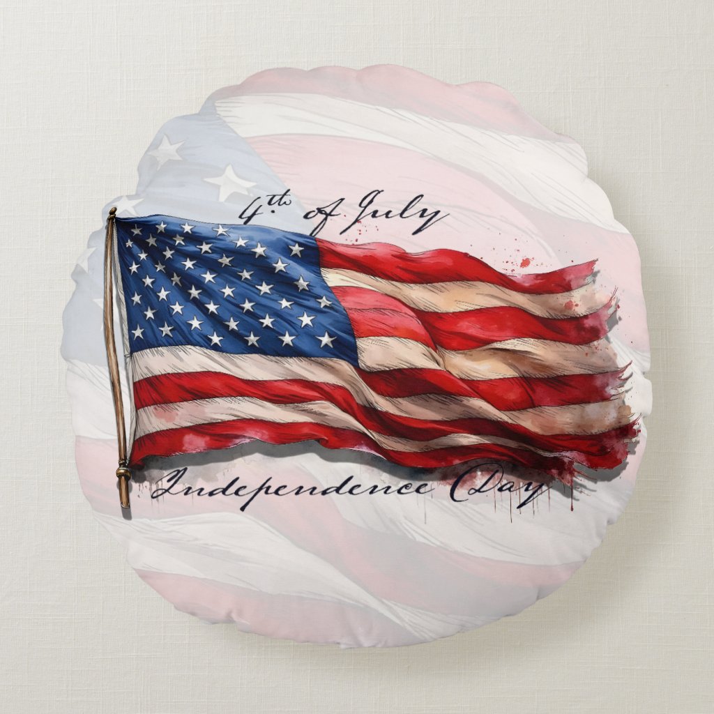 4th of July – Celebrate with US Flag Round Pillow