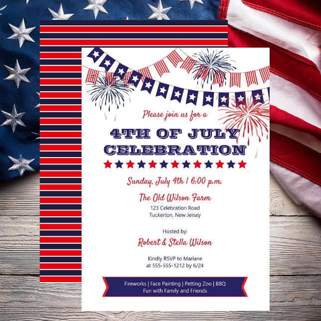 4th of July Celebration Fireworks | Bunting  Holid Invitation (4th of July Celebration Fireworks and Bunting Flags Independence Day Invitation - Print | Digital)