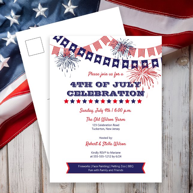 4th of July Celebration Fireworks | Bunting Invite (4th of July Celebration Fireworks Bunting Postcard Invite)