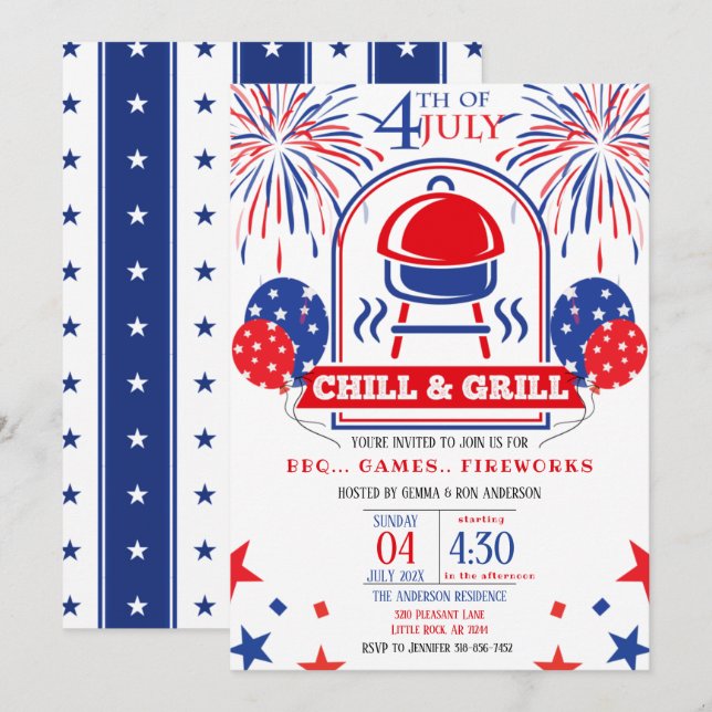 4th of July Chill & Grill BBQ Party Invitation (Front/Back)