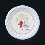 4th of July Colorful Fireworks Personalized Paper Plates<br><div class="desc">This 4th of July paper plate features a colorful burst of fireworks over the words: 4th of July. The background is light blue and white diagonal stripes. Customizable text underneath the graphic reads: Anderson Family BBQ. These paper plate are perfect of any Fourth of July gathering.</div>