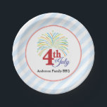4th of July Colorful Fireworks Personalized Paper Plates<br><div class="desc">This 4th of July paper plate features a colorful burst of fireworks over the words: 4th of July. The background is light blue and white diagonal stripes. Customizable text underneath the graphic reads: Anderson Family BBQ. These paper plate are perfect of any Fourth of July gathering.</div>