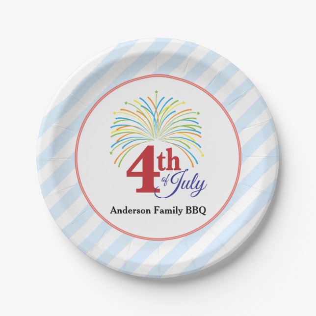 4th of July Colorful Fireworks Personalized Paper Plates (Front)