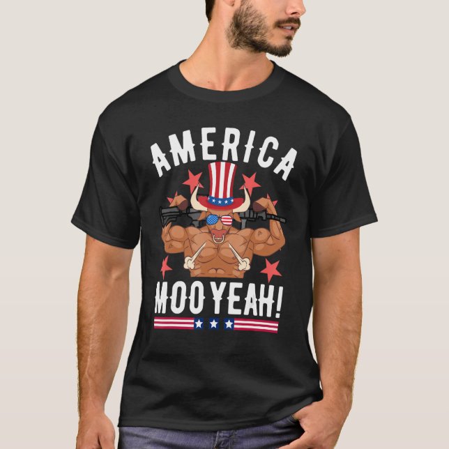 4th Of July Cow  Moo Yeah Sun Glasses Patriotic T-Shirt (Front)