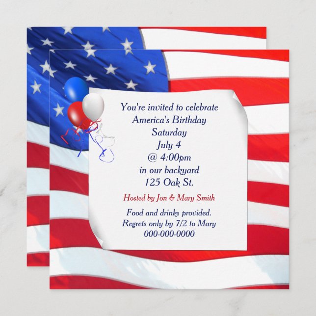 4th of July Curled Paper on Flag Invitation (Front/Back)