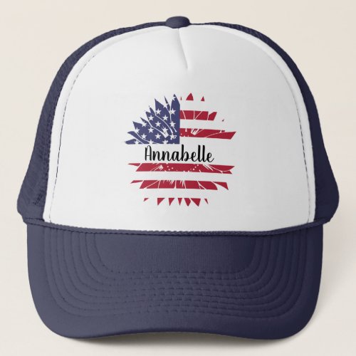4th of July Custom Red White and Blue Sunflower Trucker Hat