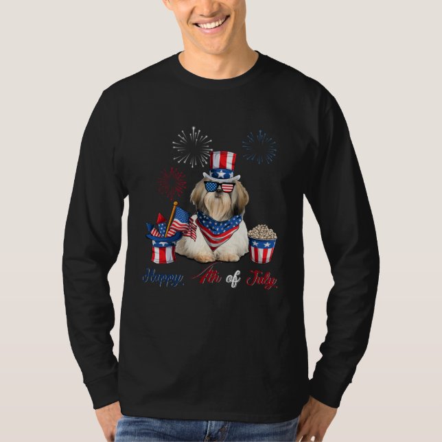 4th of July Cute American Flag  Shih Tzu Dog Firew T-Shirt (Front)