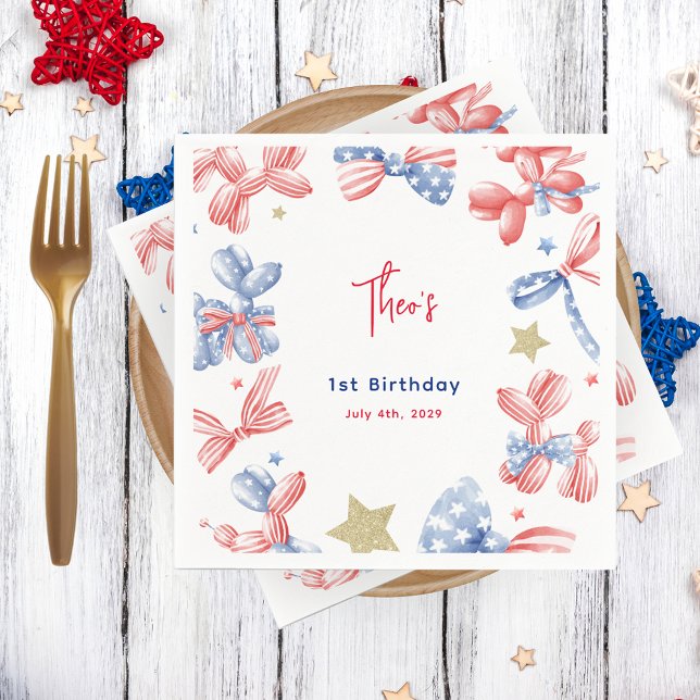 4th of July Cute Balloon Bow 1st Birthday Party Napkins (Creator Uploaded)
