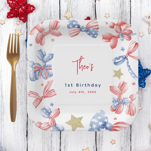 4th of July Cute Balloon Bow 1st Birthday Party Paper Plates