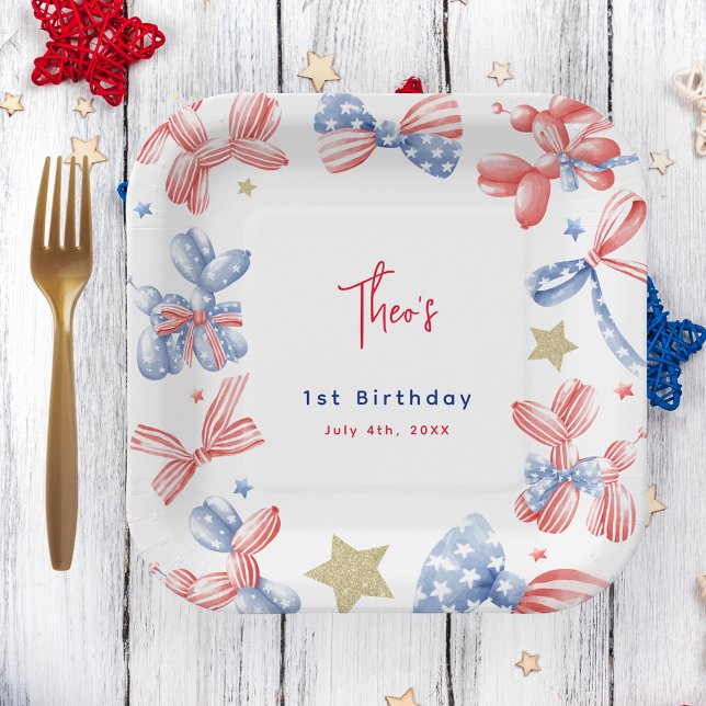 4th of July Cute Balloon Bow 1st Birthday Party Paper Plates (Creator Uploaded)