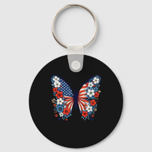 4th Of July Cute Butterfly Flower Red White Blue U Keychain