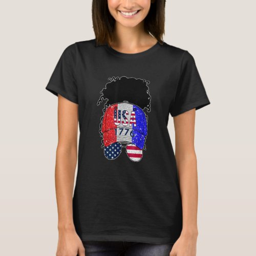 4th Of July Cute Girl Messy Bun Hat American Flag  T_Shirt